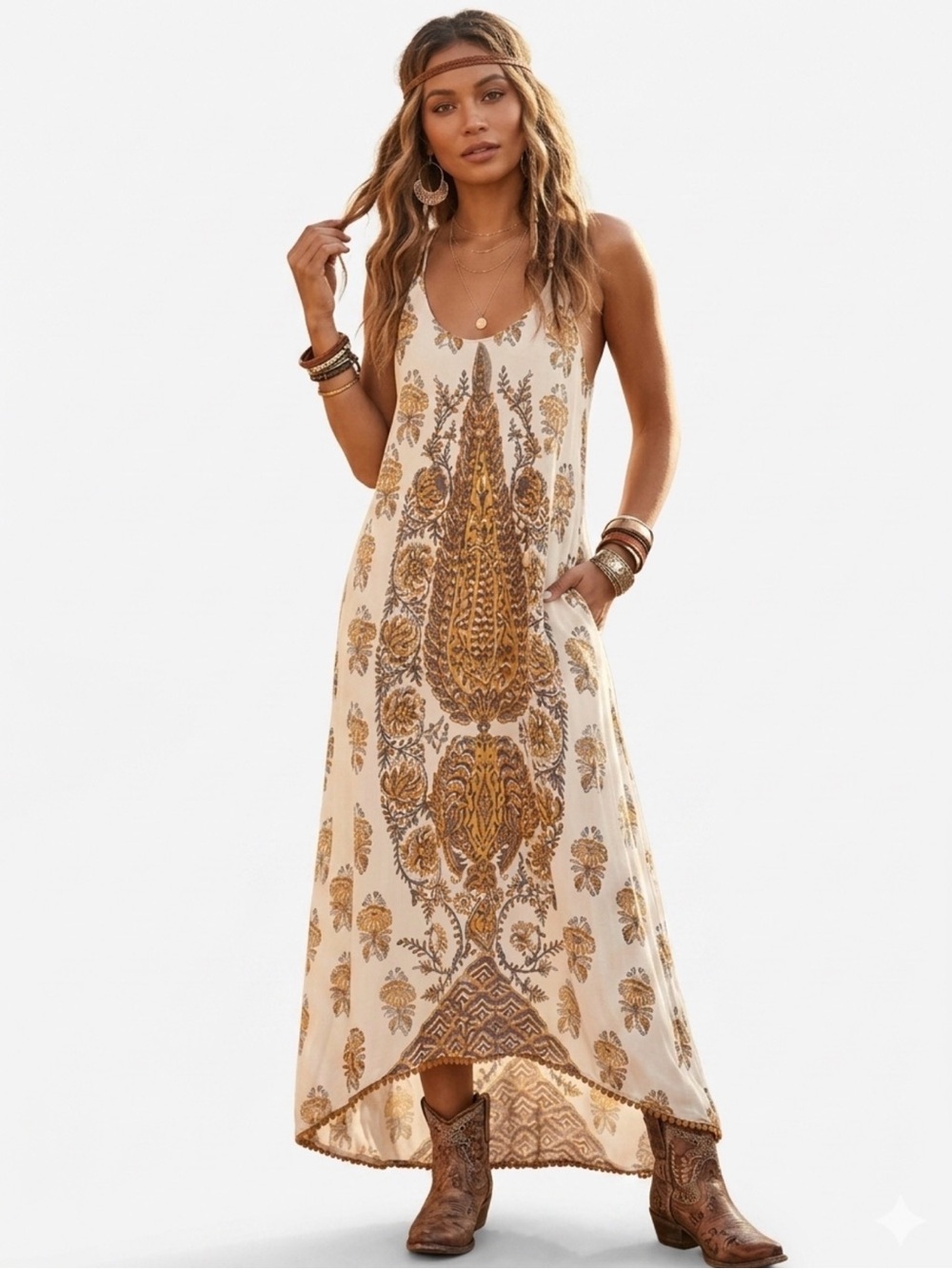 Billabong S/M Bohemian Cream & Gold Printed Maxi Dress NWOT